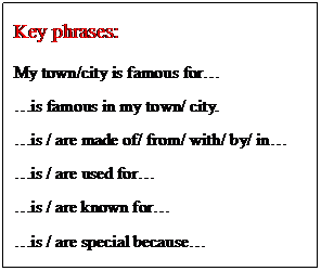 文本框: Key phrases: My town/city is famous for… …is famous in my town/ city. …is / are made of/ from/ with/ by/ in… …is / are used for… …is / are known for… …is / are special because…